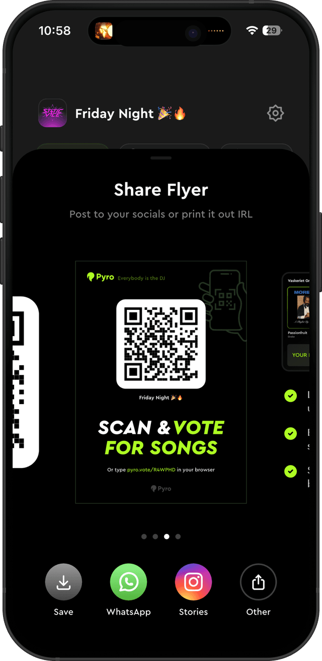 Pyro app screen showing a QR code for guests to scan