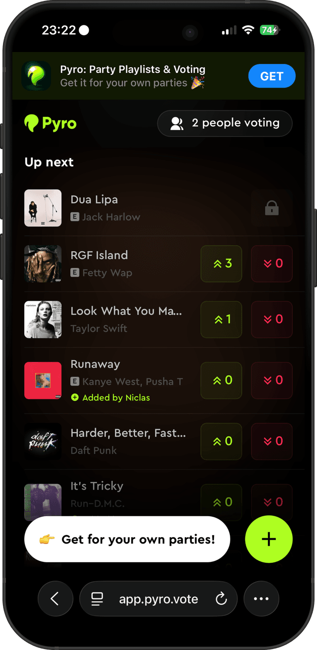 Guest phone screen showing the live song voting queue
