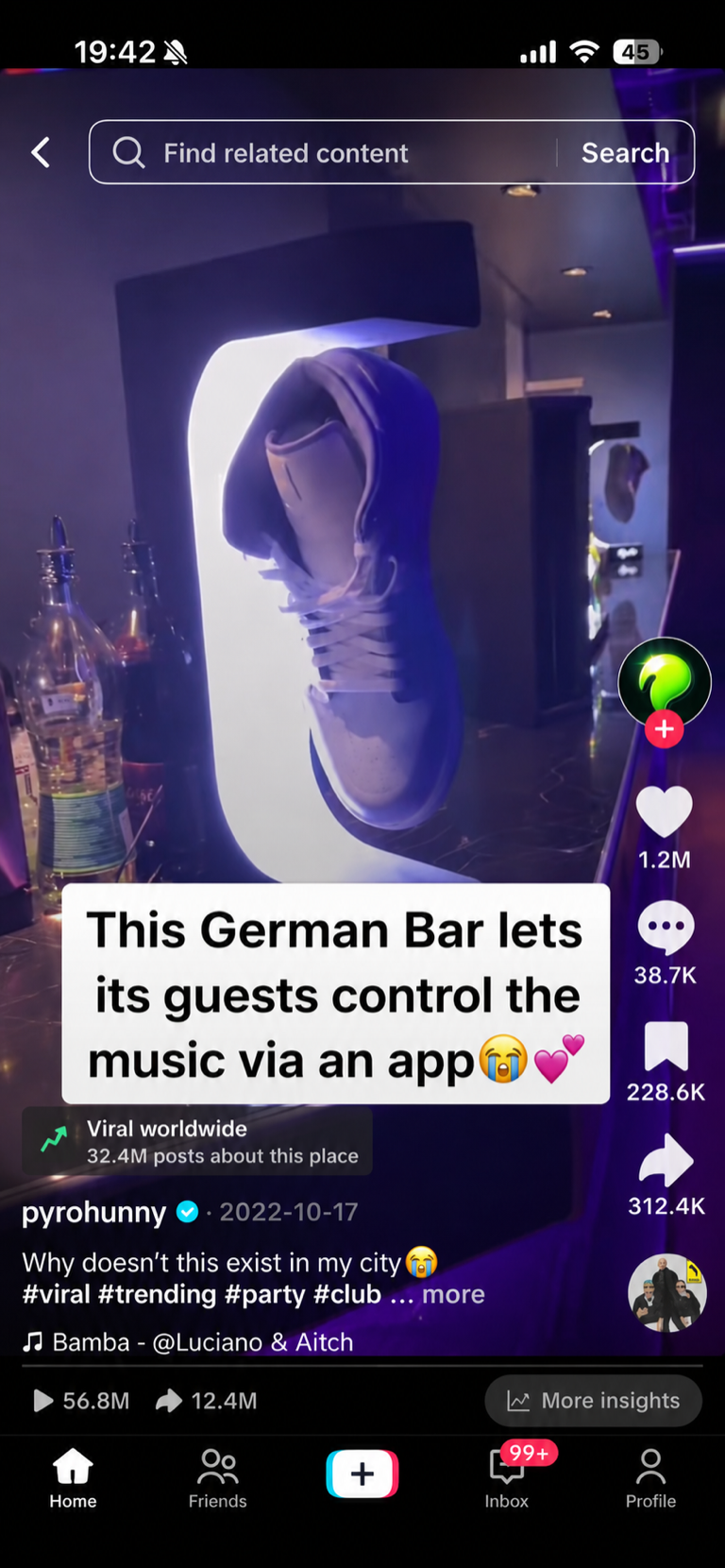 Viral TikTok about a bar that lets guests control the music through an app — 1.2M likes, 56.8M views